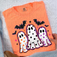 Load image into Gallery viewer, Polka Dotted Ghost Trio With Bats Purple & Orange TRANSFER UAC JULY 26
