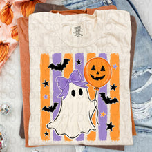 Load image into Gallery viewer, Ghost With Pumpkin Balloon Multi Color Stripes Background Boy/Girl DROPDOWN TRANSFER UAC JULY 26