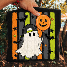 Load image into Gallery viewer, Ghost With Pumpkin Balloon Multi Color Stripes Background Boy/Girl DROPDOWN TRANSFER UAC JULY 26
