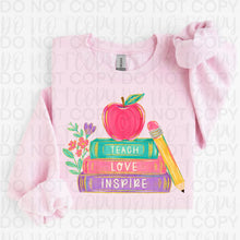 Load image into Gallery viewer, Teach Love Inspire Book Stack Apple Pencil Faux Gold Glitter Accents TRANSFER UAC JULY 26