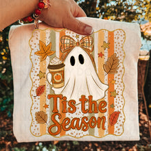 Load image into Gallery viewer, Tis The Season Ghost With Plaid Bow Faux Gold Glitter Scalloped Frame TRANSFER UAC JULY 26