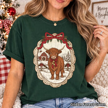 Load image into Gallery viewer, Red Bow & Holly Framed Highland Cow With Bells TRANSFER UAC OCT 26
