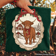 Load image into Gallery viewer, Red Bow & Holly Framed Highland Cow With Bells TRANSFER UAC OCT 26