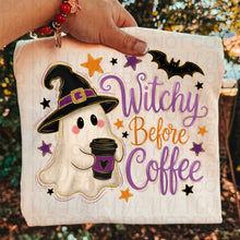 Load image into Gallery viewer, Witchy Before Coffee Ghost Faux Gold Glitter Outline TRANSFER UAC AUG 26