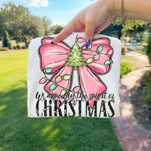 Load image into Gallery viewer, Wrapped In The Spirit Of Christmas Pink Bow Tree Lights Distressed TRANSFER SDD OCT