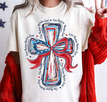 Load image into Gallery viewer, One Nation Under God Watercolor Cross Flag Bow TRANSFER