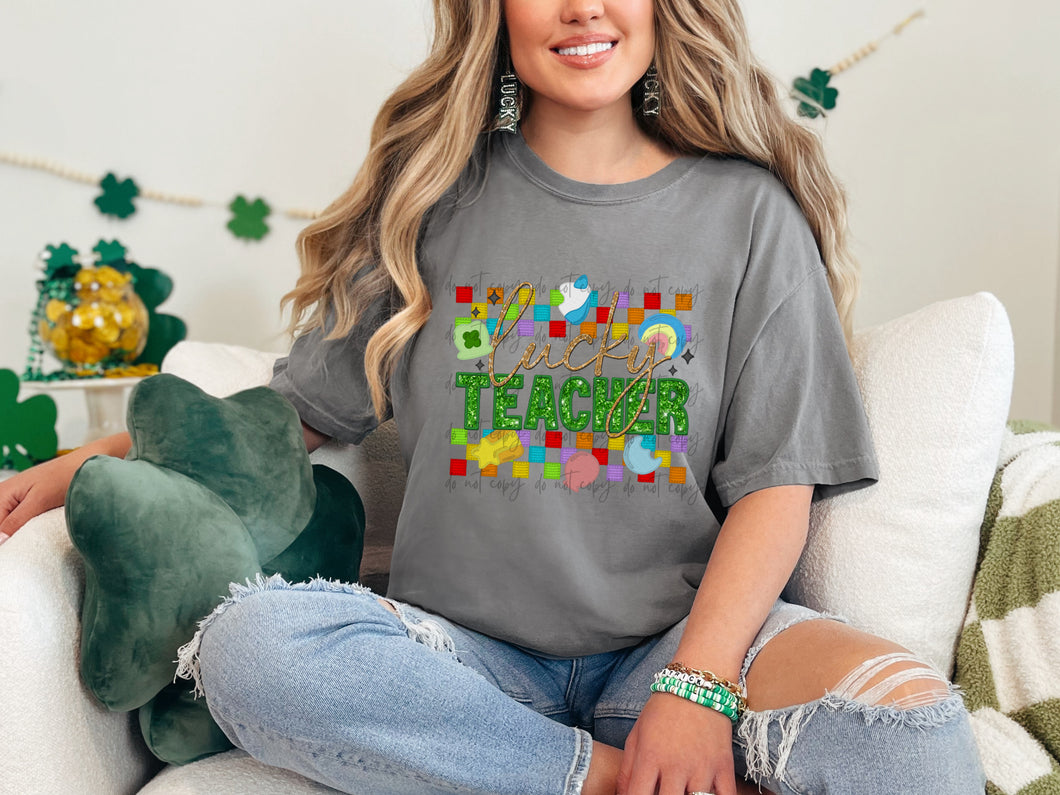 Lucky Teacher Faux Embroidery Sequin Checkered TRANSFER