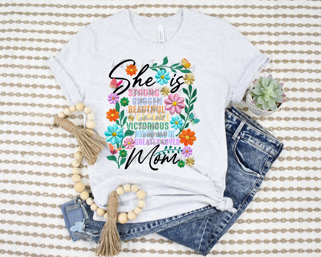She Is Mom Faux Embroidery Floral TRANSFER