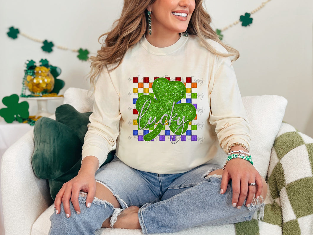 Lucky Shamrock Faux Embroidery Sequin Checkered TRANSFER