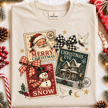 Load image into Gallery viewer, Merry Christmas Postage Stamps Checker Bow Collage DTF TRANSFER TUESDAY
