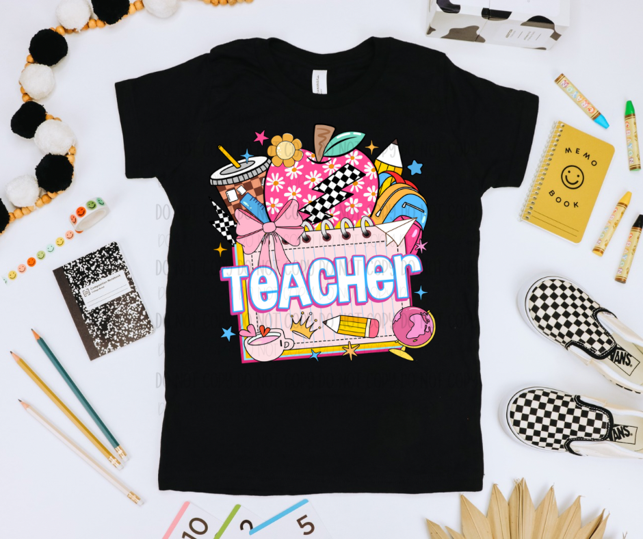 Pink Apple Bow Bolt Cup Teacher TRANSFER