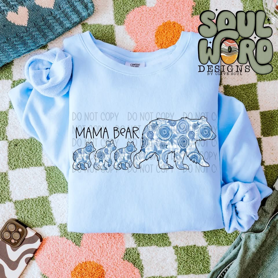 Blue Floral Mama Bear 3 Cub TRANSFER SWD FEB