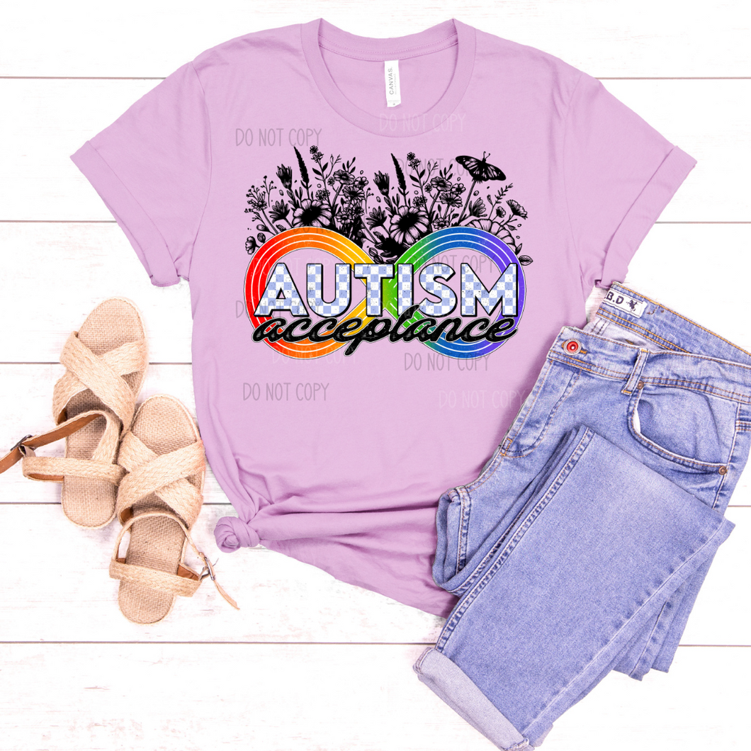 Autism Acceptance Rainbow Infinity Sign Checkered Blk Floral TRANSFER