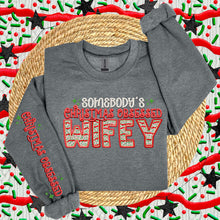 Load image into Gallery viewer, Somebody’s Christmas Obsessed Names Faux Embroidery DROPDOWN  SLEEVE OPTION TRANSFER HMWK
