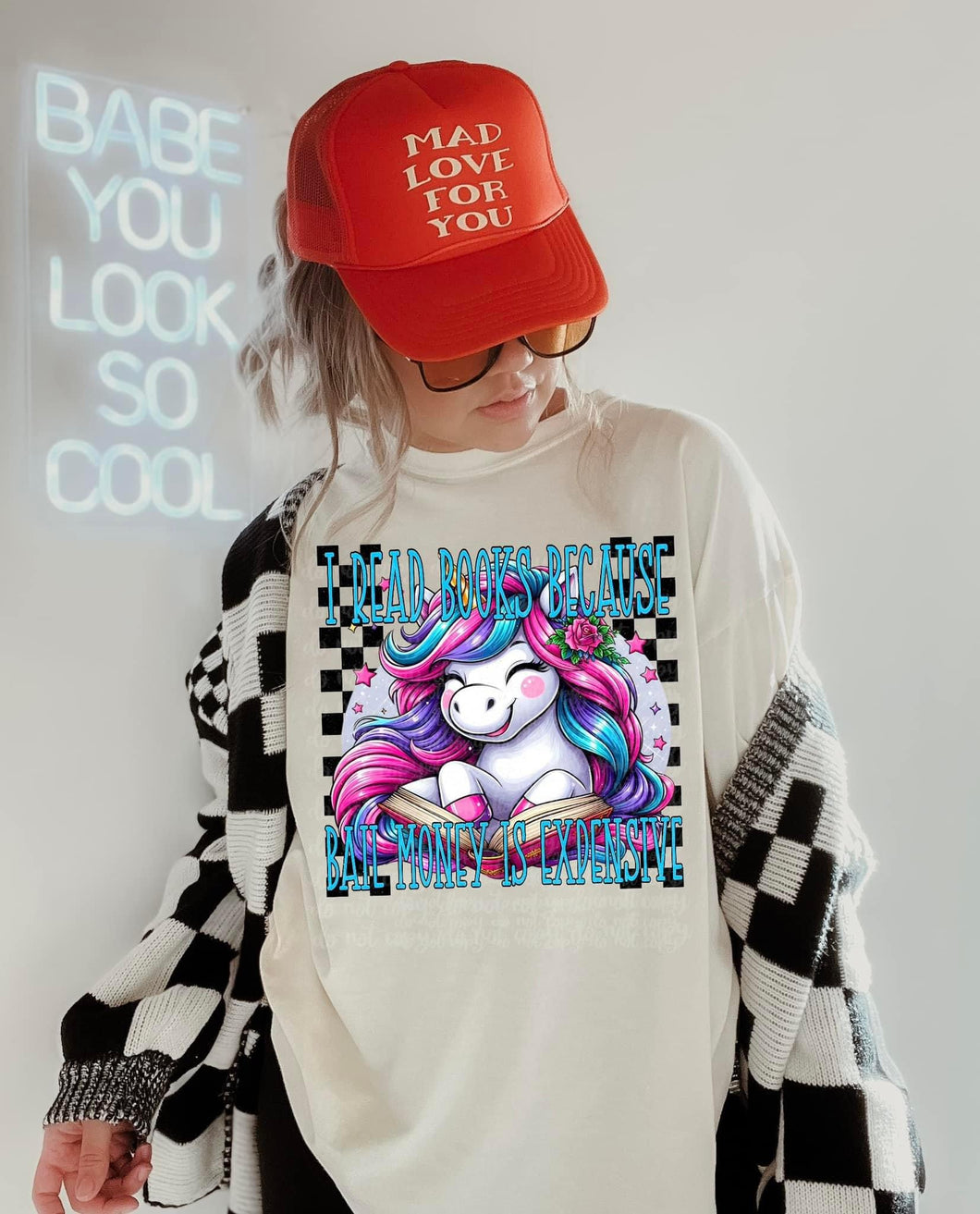 I Read Books Unicorn Checkered TRANSFER