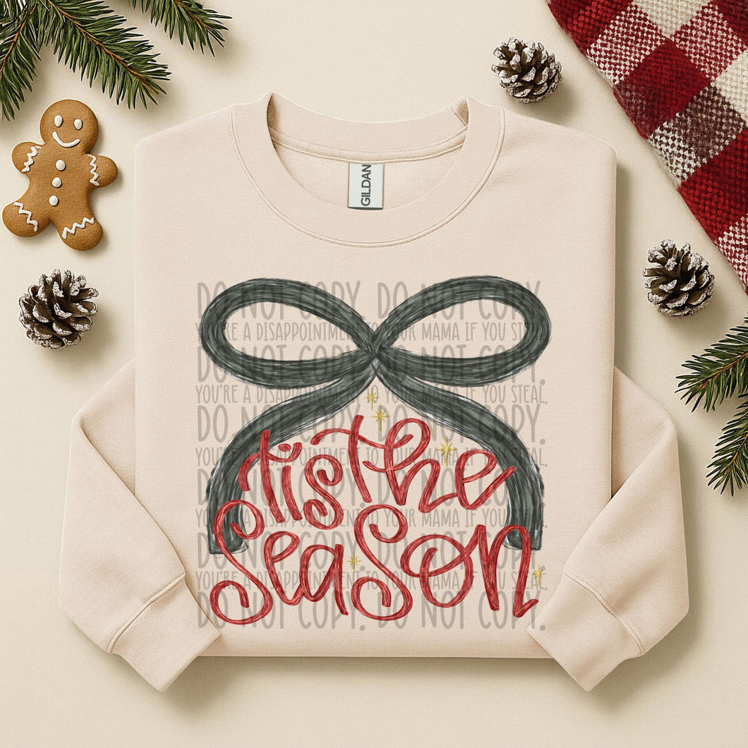 Tis The Season Brushstroke Dark Green Bow Red Letters And Gold Stars TRANSFER SWD NOV 25