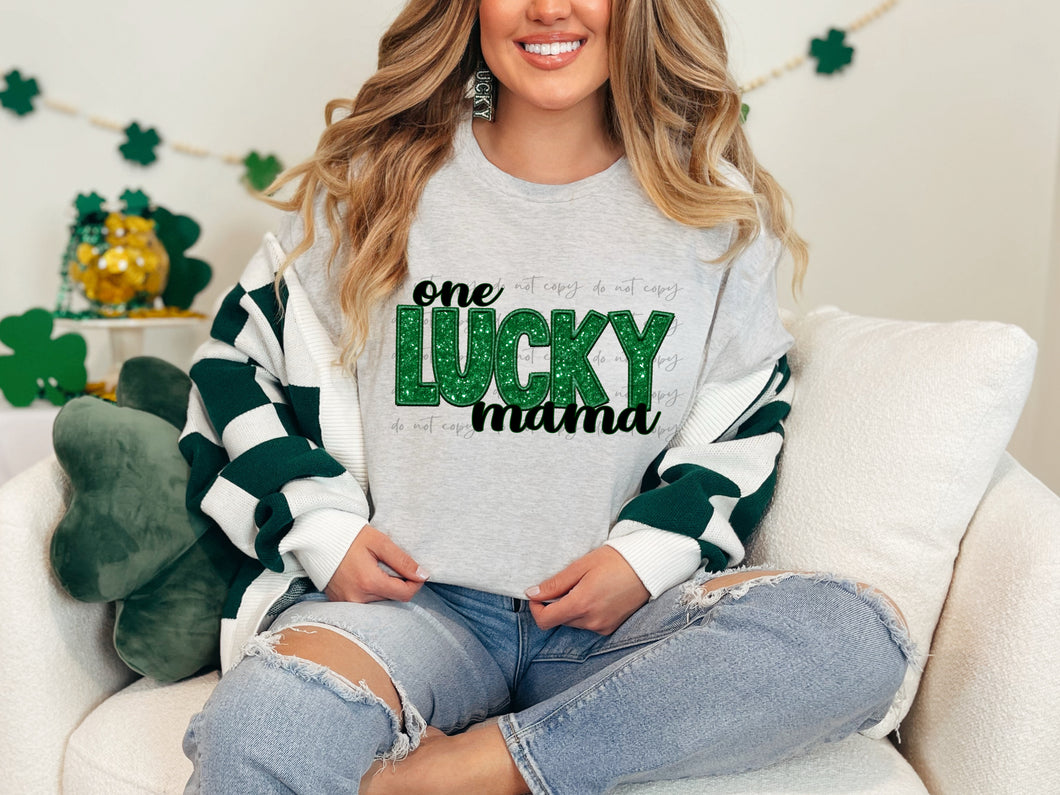 One Lucky Mama Faux Embroidery Sequin TRANSFER