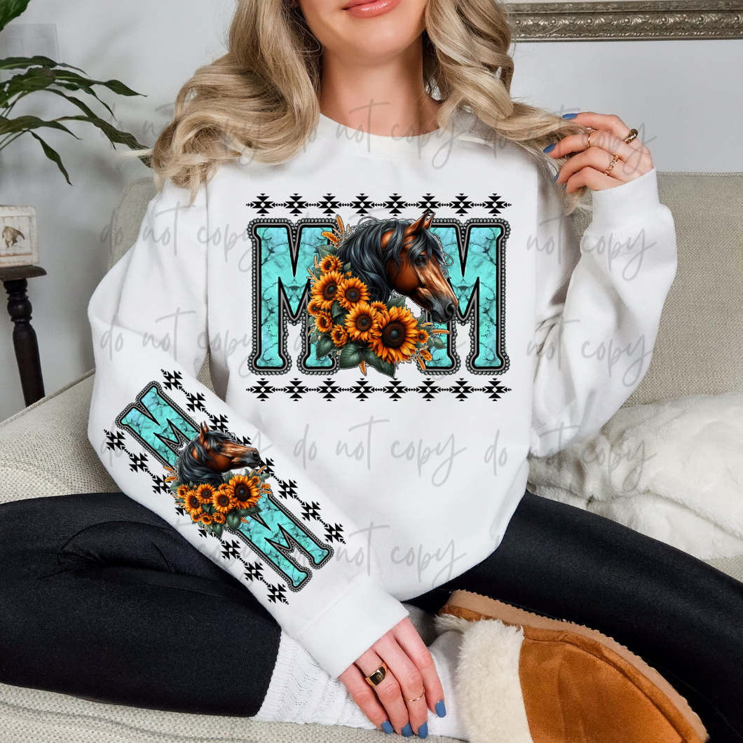Horse Mom Sunflower Faux Turquoise With Sleeve TRANSFER