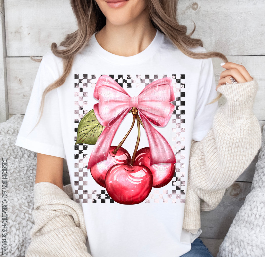 Cherry With Pink Bow Checkered TRANSFER
