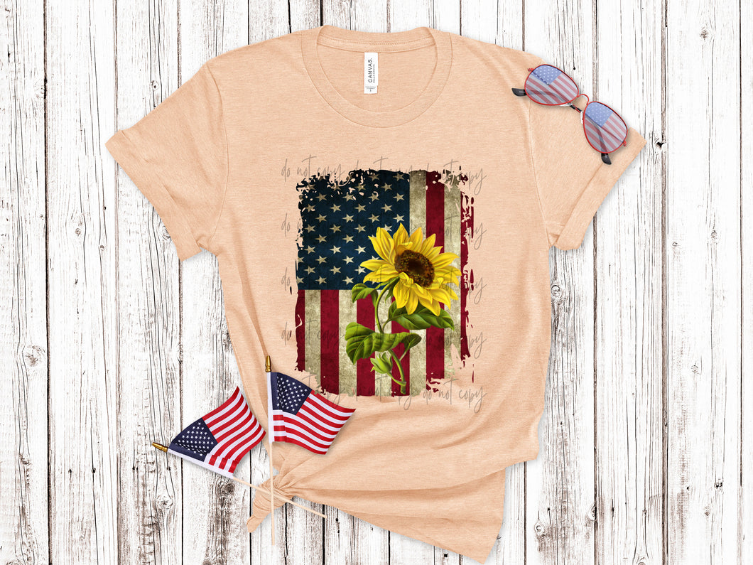 American Flag And Sunflower TRANSFER