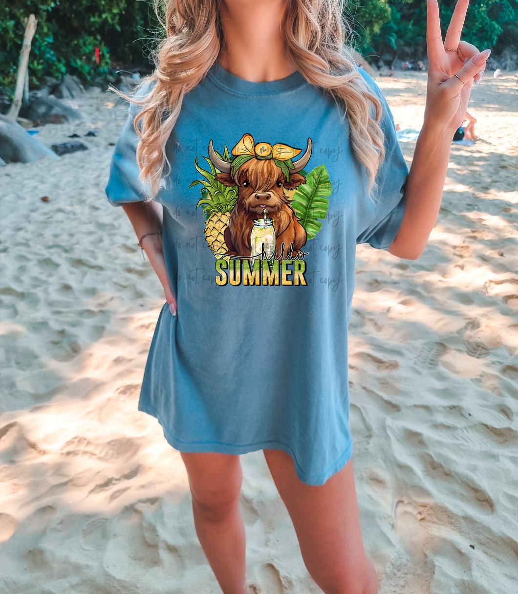 Hello Summer Lemonade Drinking Highland TRANSFER