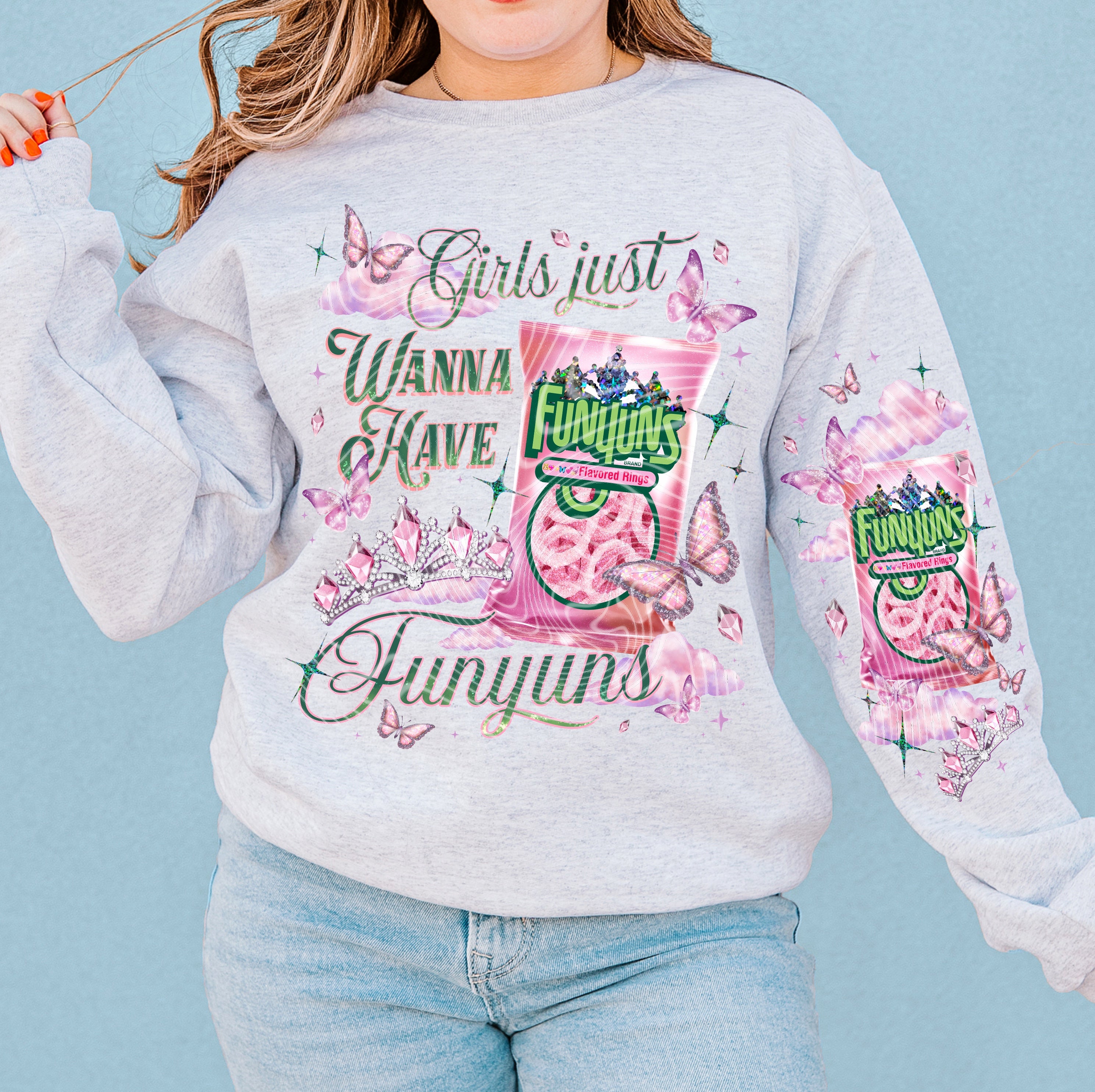 Pink Girls Just Wanna Have Funyuns With SLEEVE OPTION TRANSFER GRAVITE ...
