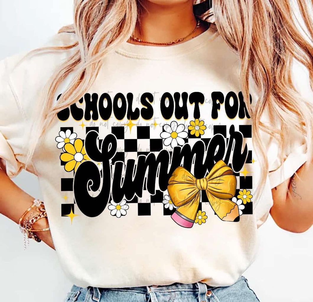 Schools Out For Summer Checkered Pencil Bow TRANSFER