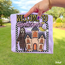 Load image into Gallery viewer, Welcome To Haunted House Checkered Arch Horror Movies DROPDOWN TRANSFER CARTER SEP 26
