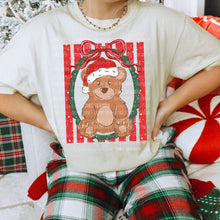 Load image into Gallery viewer, Christmas Bear Santa Hat Red Bow Green Frame Red/Green Lines DROPDOWN TRANSFER CARTER OCT 26
