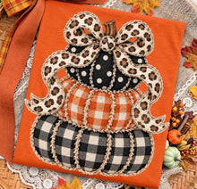 Load image into Gallery viewer, Gingham Pumpkin Stack Leopard Bow Faux Embroidery TRANSFER TUESDAY
