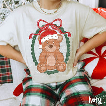 Load image into Gallery viewer, Christmas Bear Santa Hat Red Bow Green Frame Red/Green Lines DROPDOWN TRANSFER CARTER OCT 26

