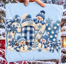 Load image into Gallery viewer, Blue Cozy Faux Yarn Embroidery With Snowmen TRANSFER TUESDAY
