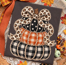 Load image into Gallery viewer, Gingham Pumpkin Stack Leopard Bow Faux Embroidery TRANSFER TUESDAY
