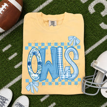 Load image into Gallery viewer, Light Blue Checker Owls Bow TRANSFER ET
