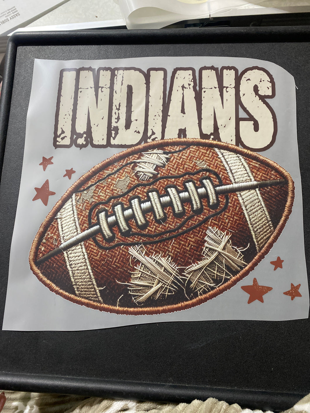 Indians Distressed Faux Embroidery Football RTS DTF TRANSFER