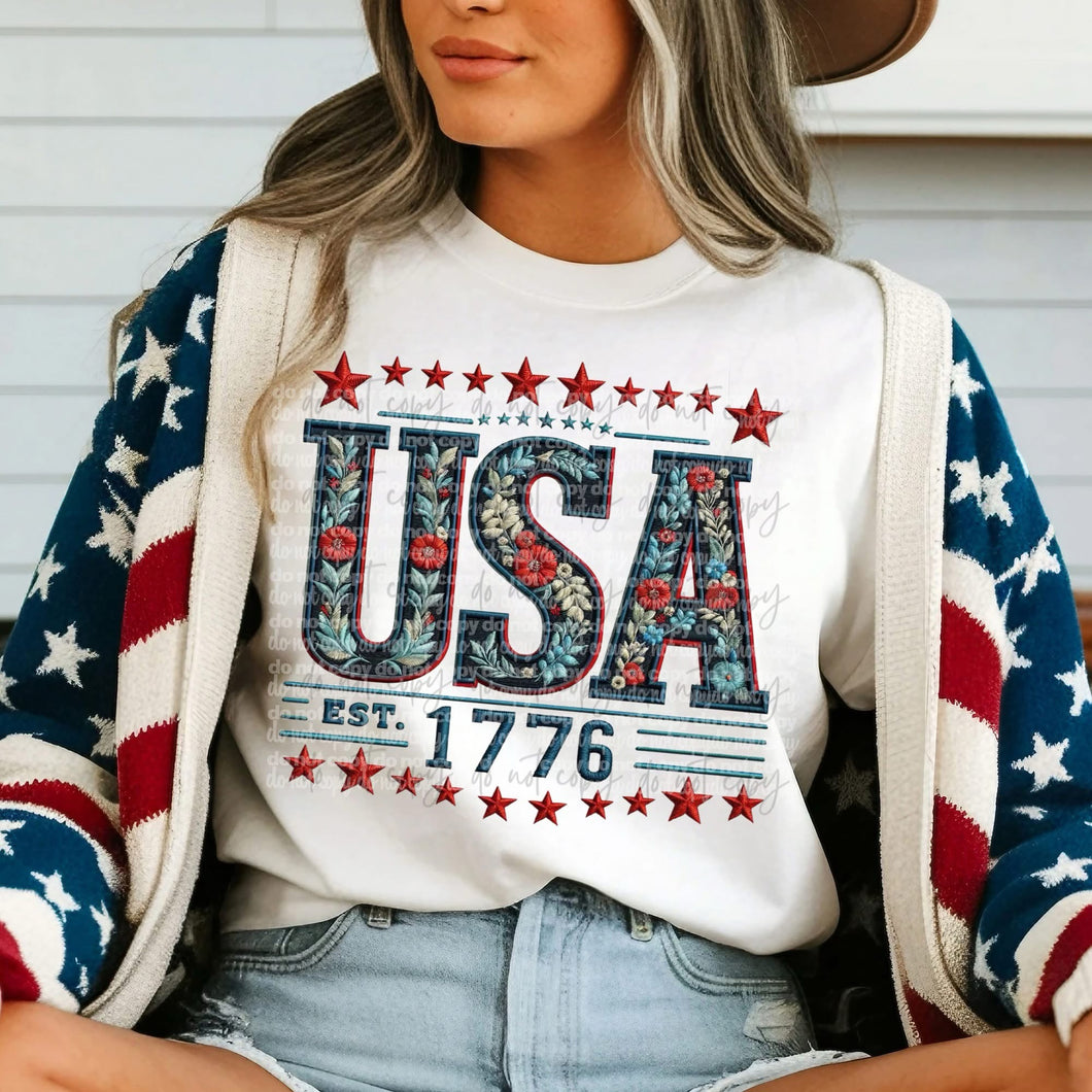 USA 1776 Floral Faux Embroidery TRANSFER