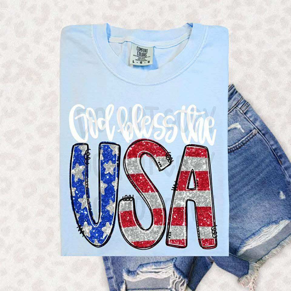 God Bless The USA Faux Glitter Color Dropdown TRANSFER ARA MAY 25