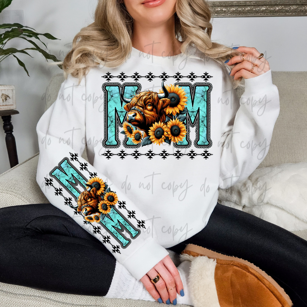 Cow Mom Sunflower Faux Turquoise With Sleeve TRANSFER