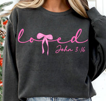 Load image into Gallery viewer, Pink Loved John 3:16 Bow Script TRANSFER
