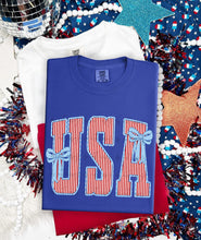 Load image into Gallery viewer, USA Red Stripes Blue Bow TRANSFER ET APR 26
