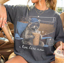 Load image into Gallery viewer, I Live Here Now Raccoon For Dark Shirts Volleyball TRANSFER ET MAR 26
