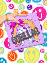 Load image into Gallery viewer, Rainbow Crayon Pink Bow School Mascots DROPDOWN TRANSFER CAP JUNE 26

