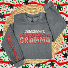 Load image into Gallery viewer, Somebody’s Christmas Obsessed Names Faux Embroidery DROPDOWN  SLEEVE OPTION TRANSFER HMWK
