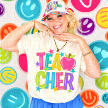 Load image into Gallery viewer, Brushstroke Teacher Neon Rainbow Letters And Stars With Pink Apple TRANSFER UAC JUNE 26
