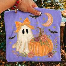 Load image into Gallery viewer, Cute Pumpkin Ghost With Orange Bow &amp; Bats Faux Glitter Details TRANSFER UAC JULY 26
