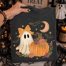 Load image into Gallery viewer, Cute Pumpkin Ghost With Orange Bow &amp; Bats Faux Glitter Details TRANSFER UAC JULY 26
