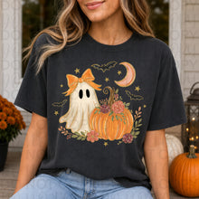Load image into Gallery viewer, Cute Pumpkin Ghost With Orange Bow &amp; Bats Faux Glitter Details TRANSFER UAC JULY 26
