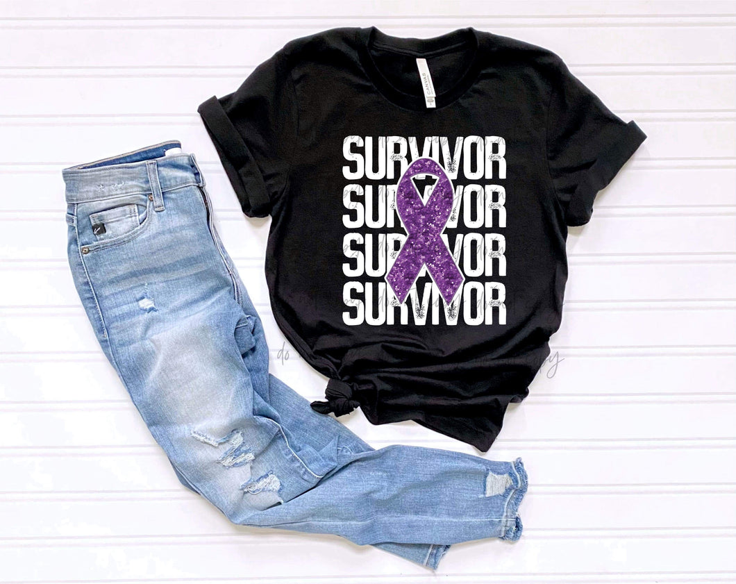 Survivor Stacked Purple Ribbon Faux Sequin WHT TRANSFER