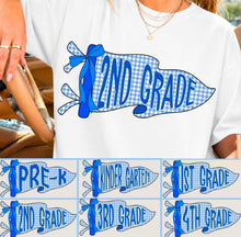Load image into Gallery viewer, Blue Gingham Pennants With Blue Bow Grade/Occupation Option DROPDOWN TRANSFER ET JULY 26
