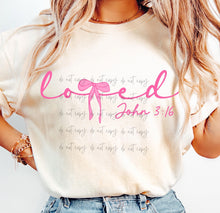 Load image into Gallery viewer, Pink Loved John 3:16 Bow Script TRANSFER
